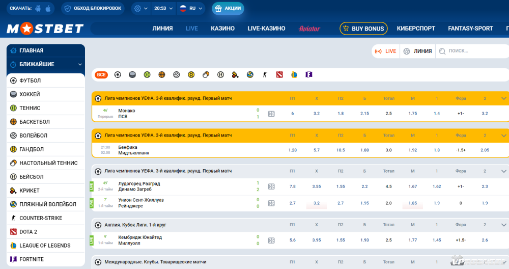 Лайв-линия букмекера Мостбет
